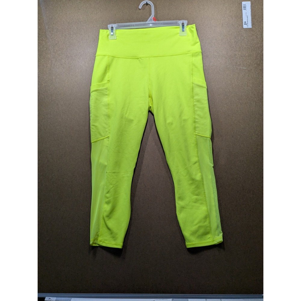Fabletics Mila High Waisted Pocket Capri Neon Yellow Mesh Leggings Large NWT